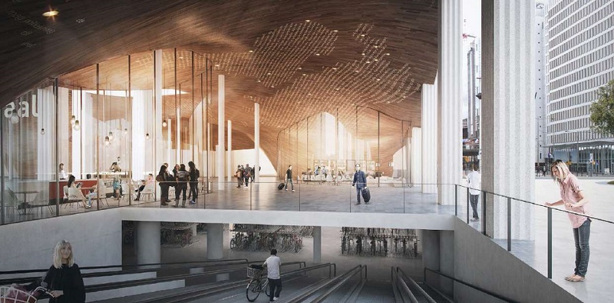 Een ontwerp van de ondergrondse fietsenstalling en de hoogbouw die daarbovenop moet komen. Beeld: Archief