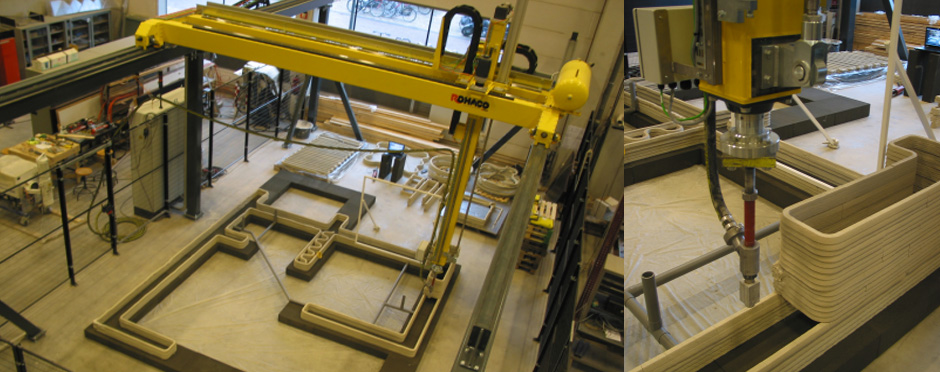 De betonprinter van de TU Eindhoven werkt niet meteen robot maar met een printkop die langs een XYZ frame beweegt 