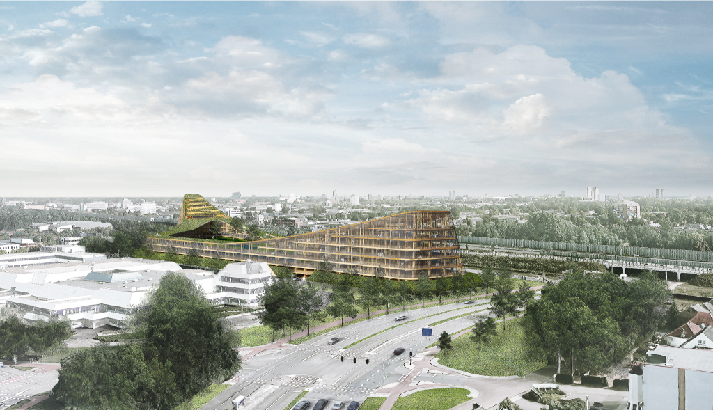 Slim gebouw van glas en hout