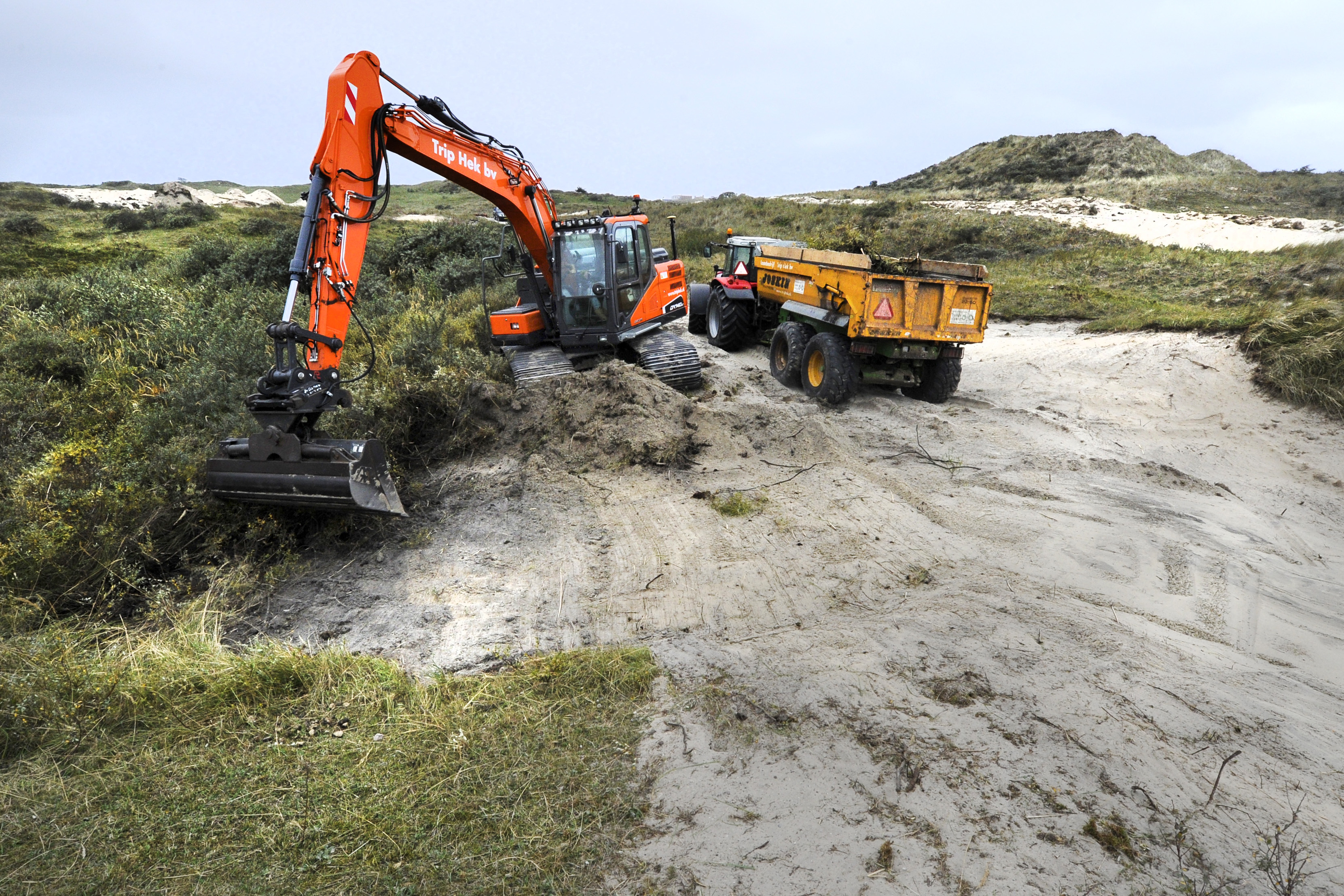 De versterking van de duinen op Terschelling. In totaal wordt er 13.000 kuub zand toegevoegd op 22 locaties. Hiervoor wordt het zand gebruikt waarmee in de jaren negentig een dijk in de duinvallei bij Formerum was aangelegd. Het gaan om een driehonderd meter lange, twintig meter brede en vier meter hoge kering. Ook worden, na een behoorlijk traject van regelgeving voor goedkeuring, duinen afgegraven. Medewerkers van Staatsbosbeheer houden wij die werkzaamheden nauwlettend in de gaten of er geen schade voor de natuur ontstaat. De zandaanvullingen variëren in grootte van ruim 3 tot 3.880 m3. De oppervlaktes variëren van enkele vierkante meters tot ongeveer een hectare. De werkzaamheden worden uitgevoerd door loonbedrijf Trip Hek op Lies (Terschelling) in opdracht van Jelle Bijlsma BV uit Gytsjerk.