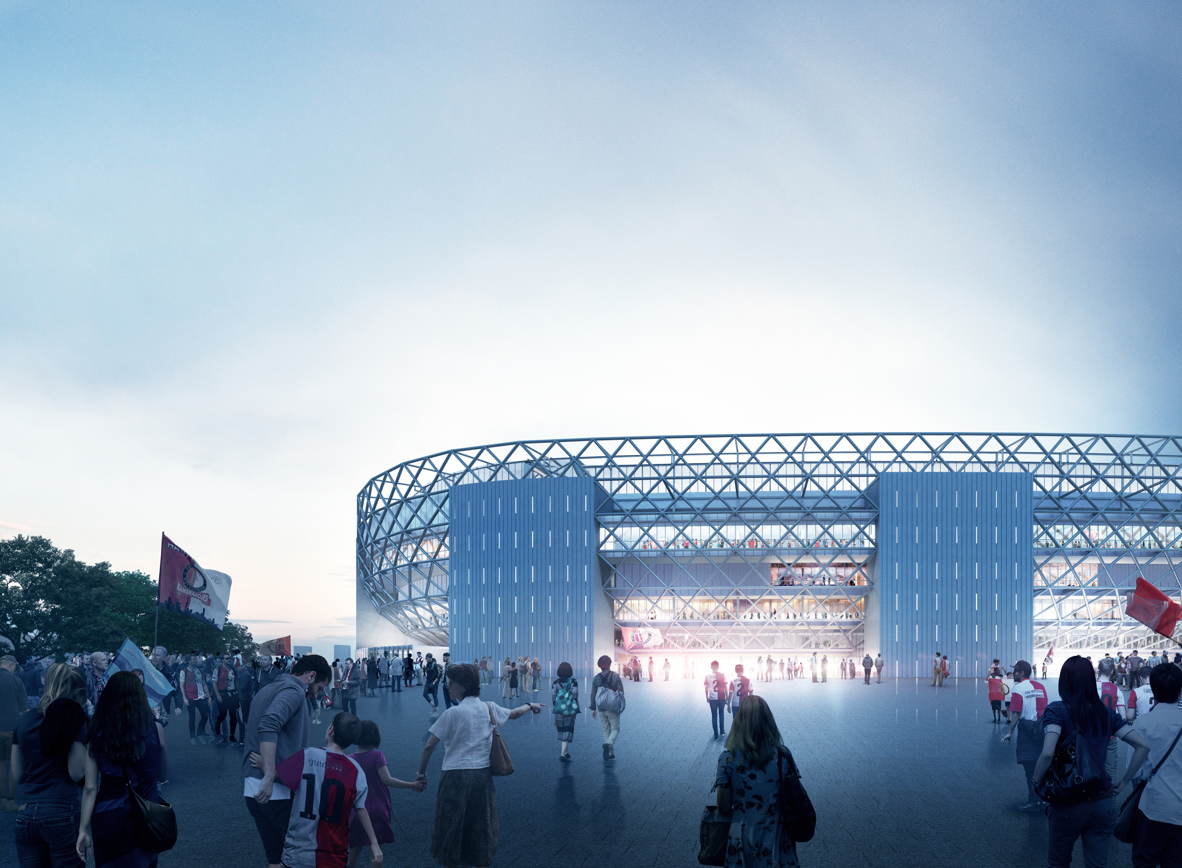 Het stadion-ontwerp met het volgens OMA beeldbepalende diagrid dat onderdeel is van de hoofddraagconstructie. Beeld: OMA