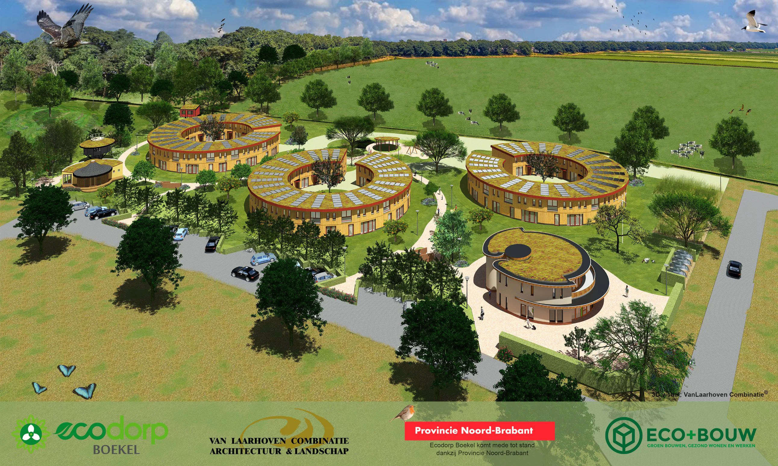 Middels de 3 wooncirkels ontstaat een woonomgeving die de gezamenlijkheid en de privacy optimaal samen brengt. De relatie met de natuur is hierbij de bindende factor. Beeld: Van Laarhoven Combinatie Architecten