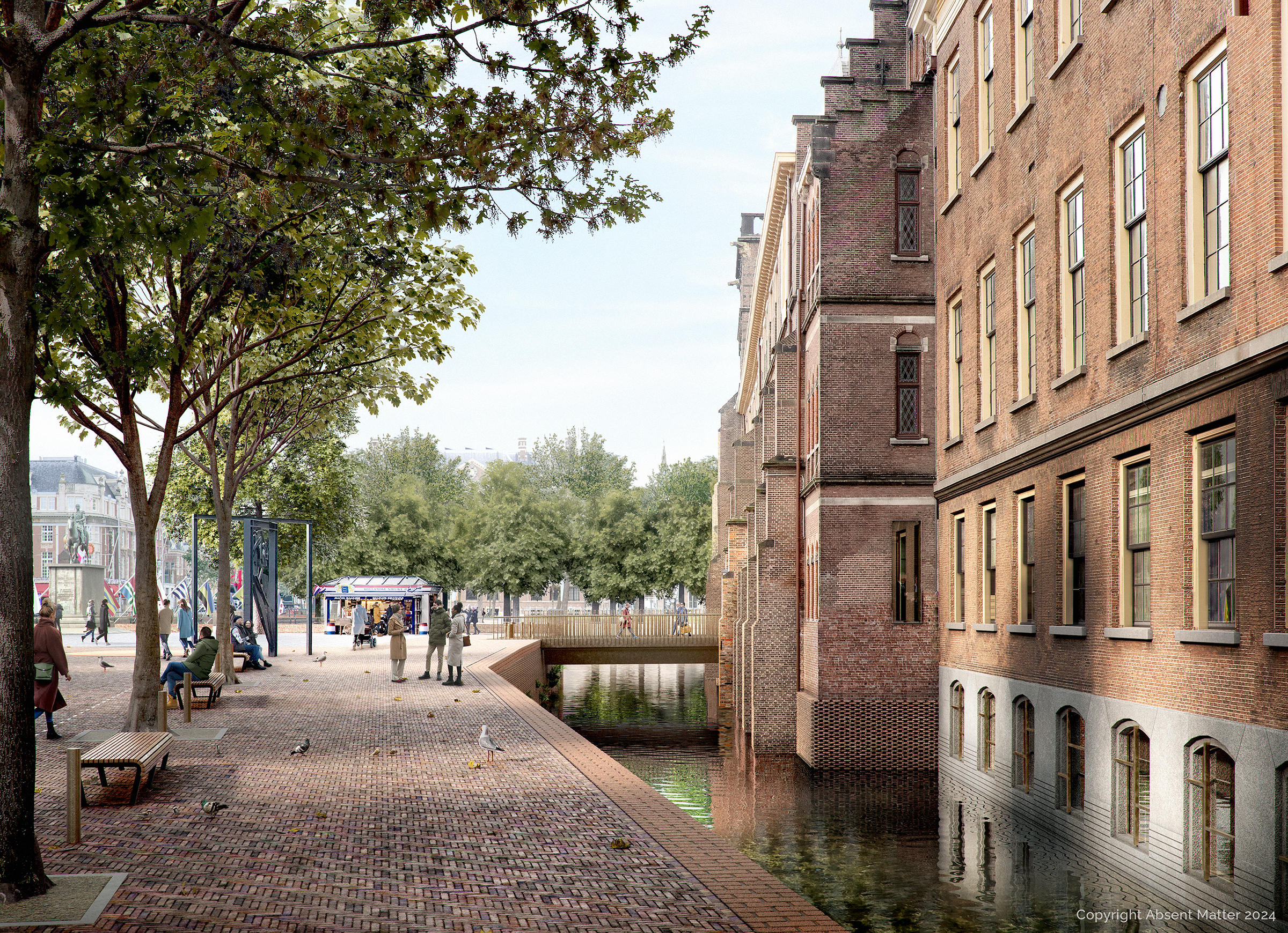 Tachtig meter van de oude slotgracht rond het Binnenhof komt terug nar de renovatie. Beeld: Absent Matter