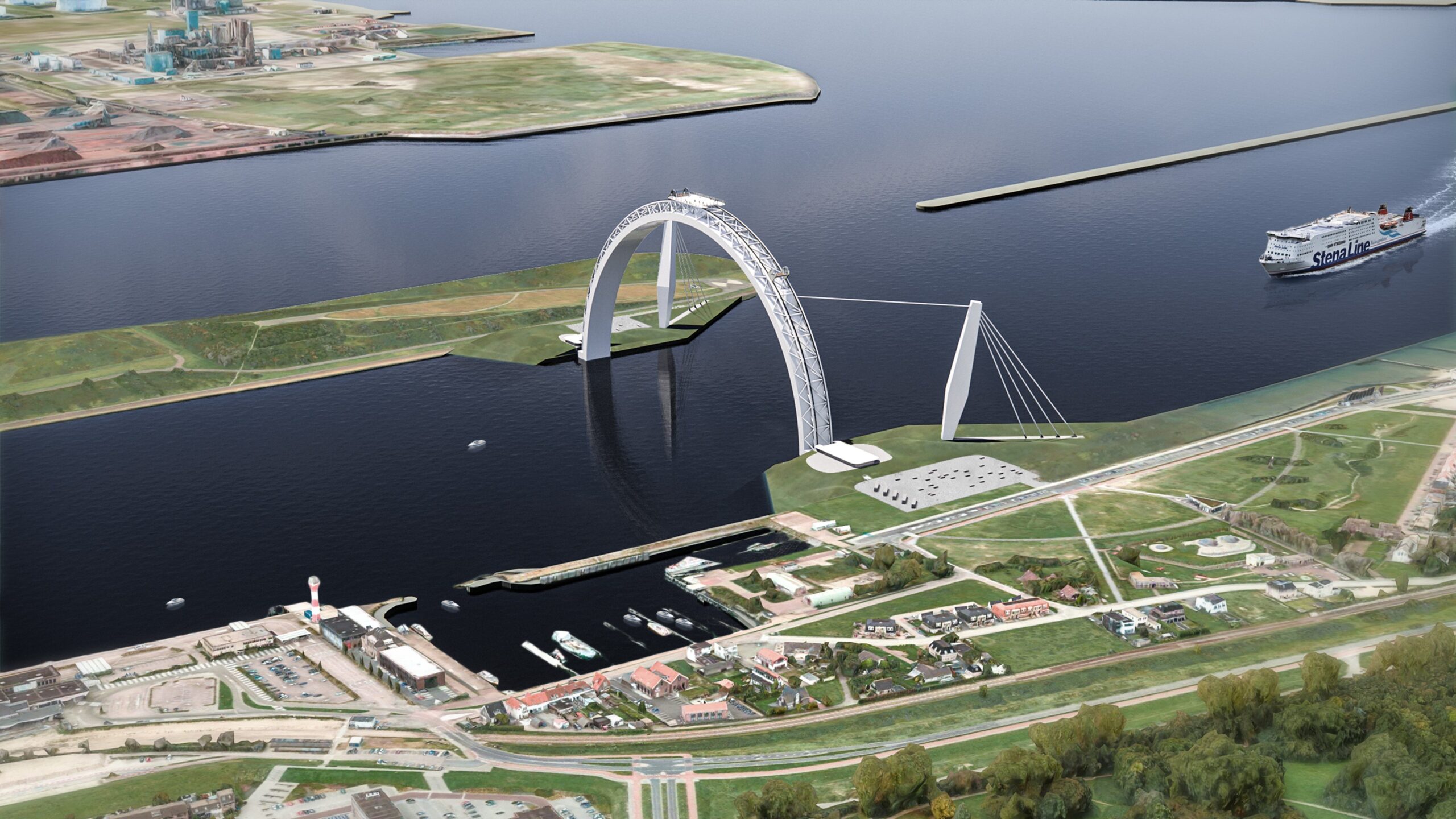 De reusachtige ‘vizierstuw’ bestaat uit een 150 meter hoge stalen boogconstructie.