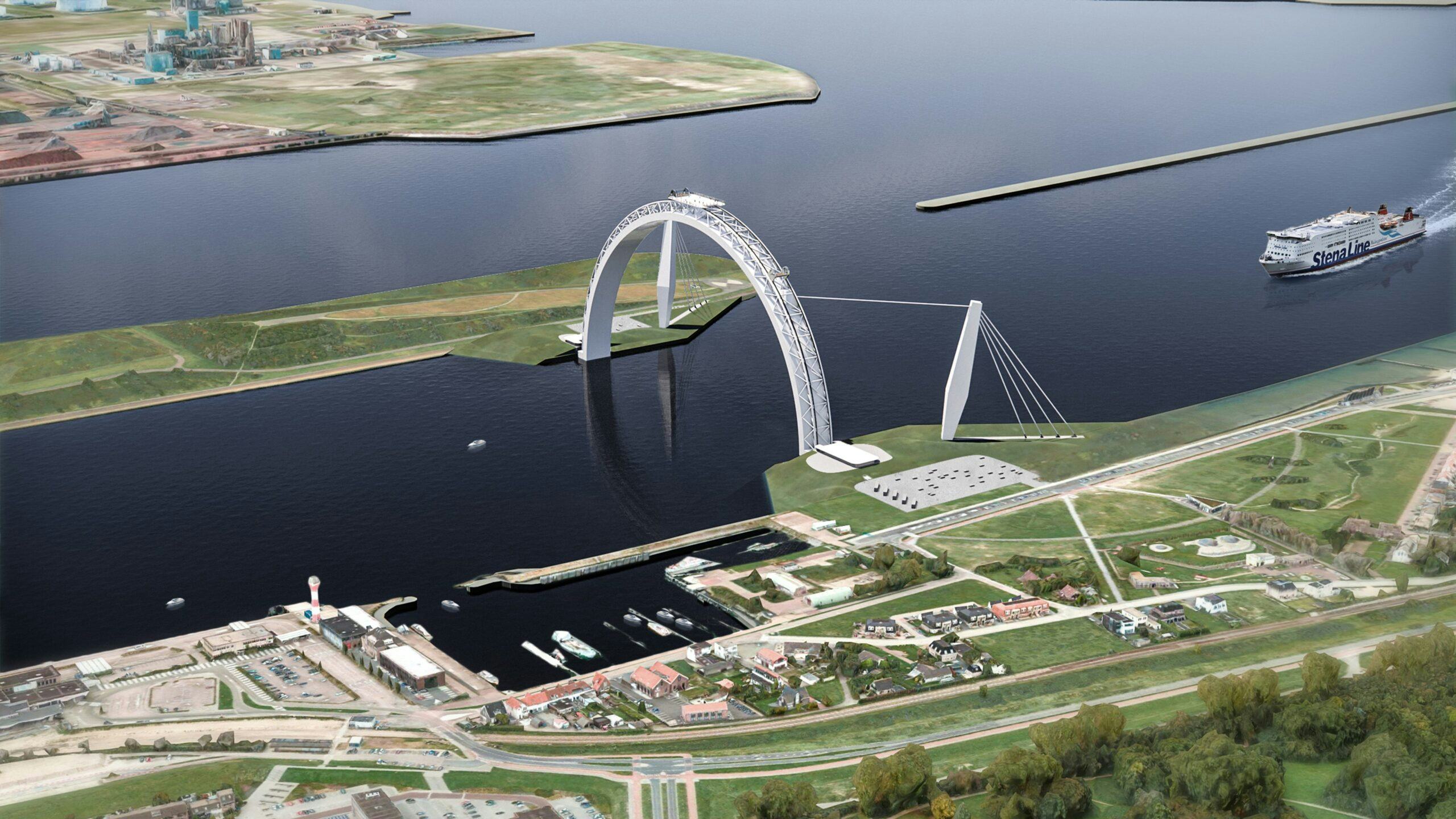 De reusachtige ‘vizierstuw’ bestaat uit een 150 meter hoge stalen boogconstructie.