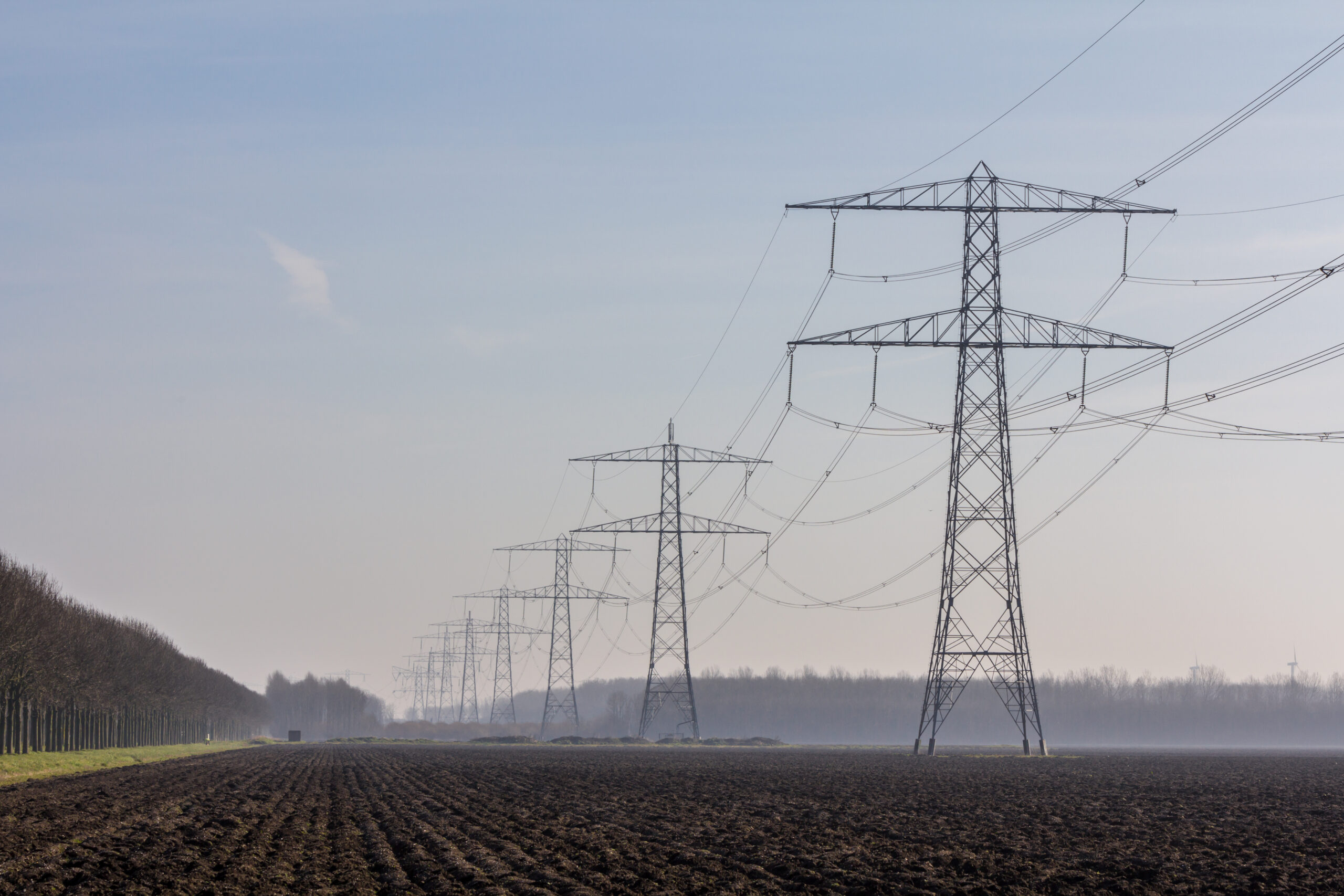 Hoogspanningsmasten in Flevoland. Foto: Shutterstock