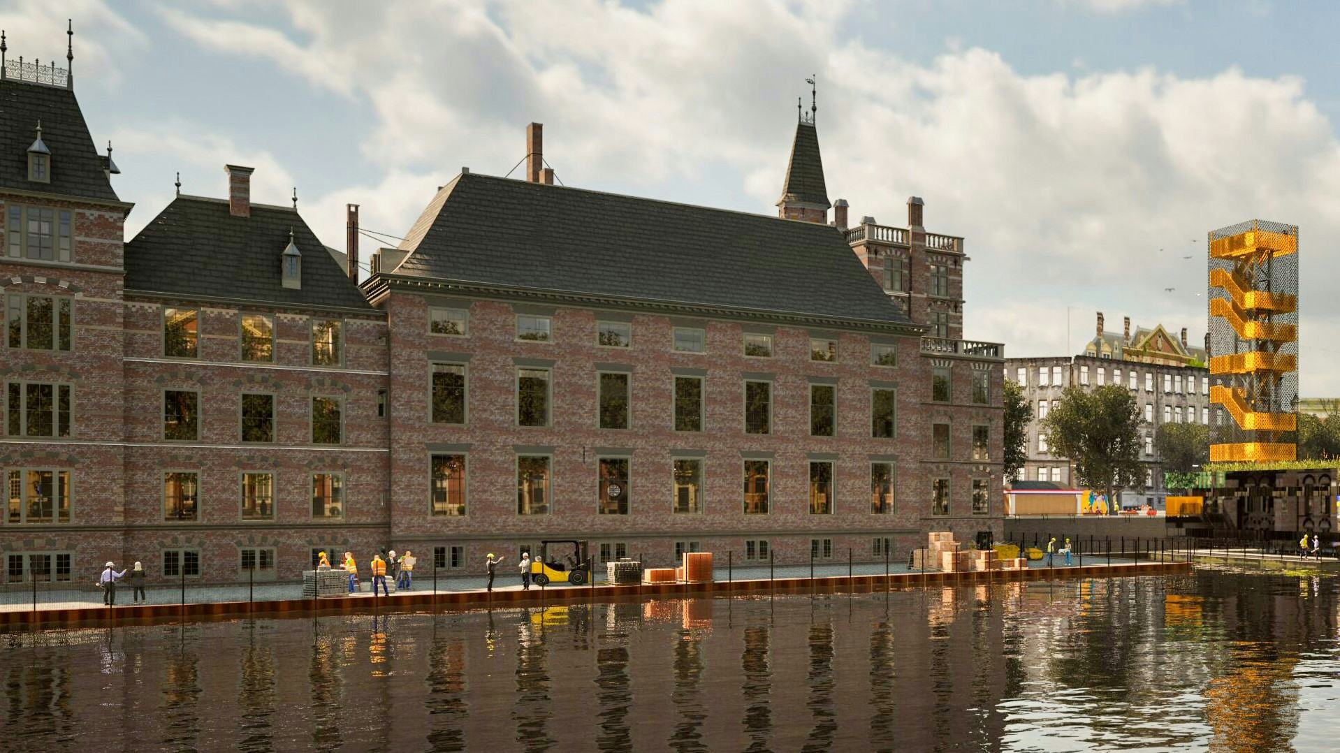 De Hofvijver wordt deels drooggelegd, waarmee een extra bouwterrein ontstaat. Beeld: RVB