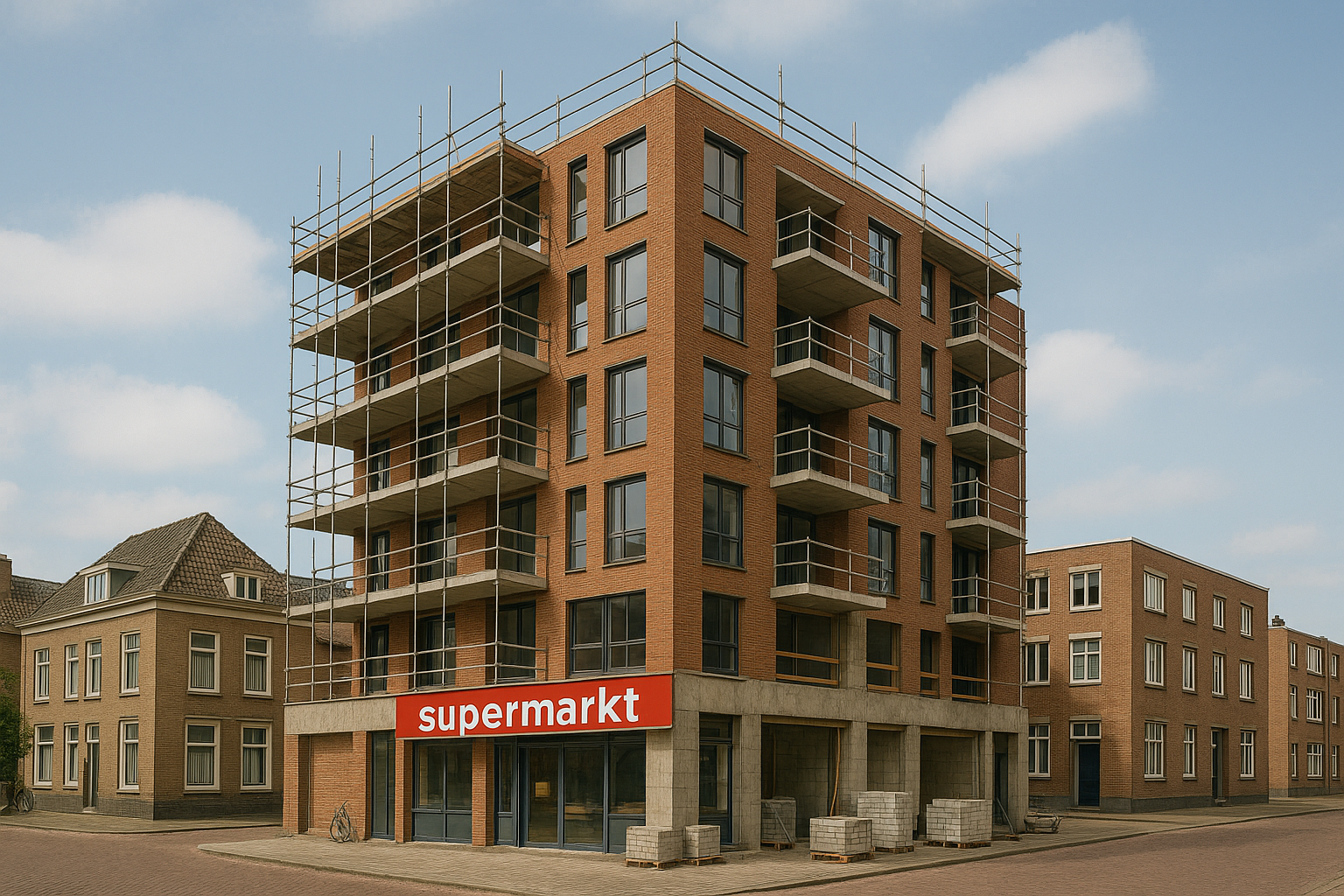 Bouwprojecten voor winkels gaan vaak samen met woningbouw. Beeld: gegenereerd met ChatGPT.