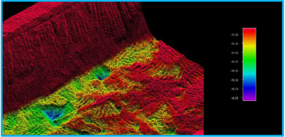 Scan van de bodem van de zinksleuf voor de Fehmarnbelttunnel.  Op sommige plekken is de sleuf 1,80 meter te diep uitgebaggerd. 