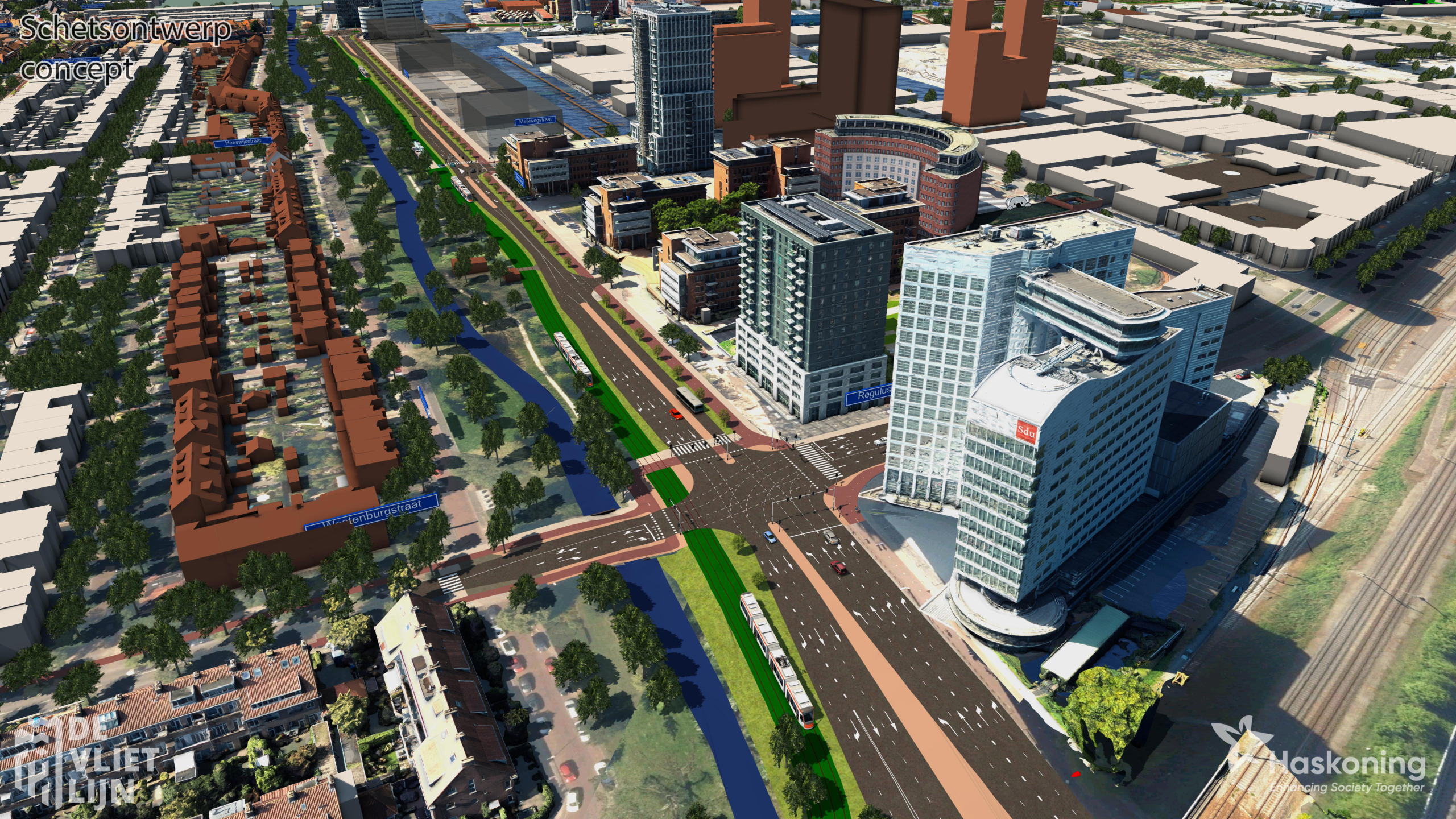 Afbeelding uit Autodesk Infraworks, waarin kaartlagen met een directe koppeling zijn geïntegreerd vanuit ArcGIS.