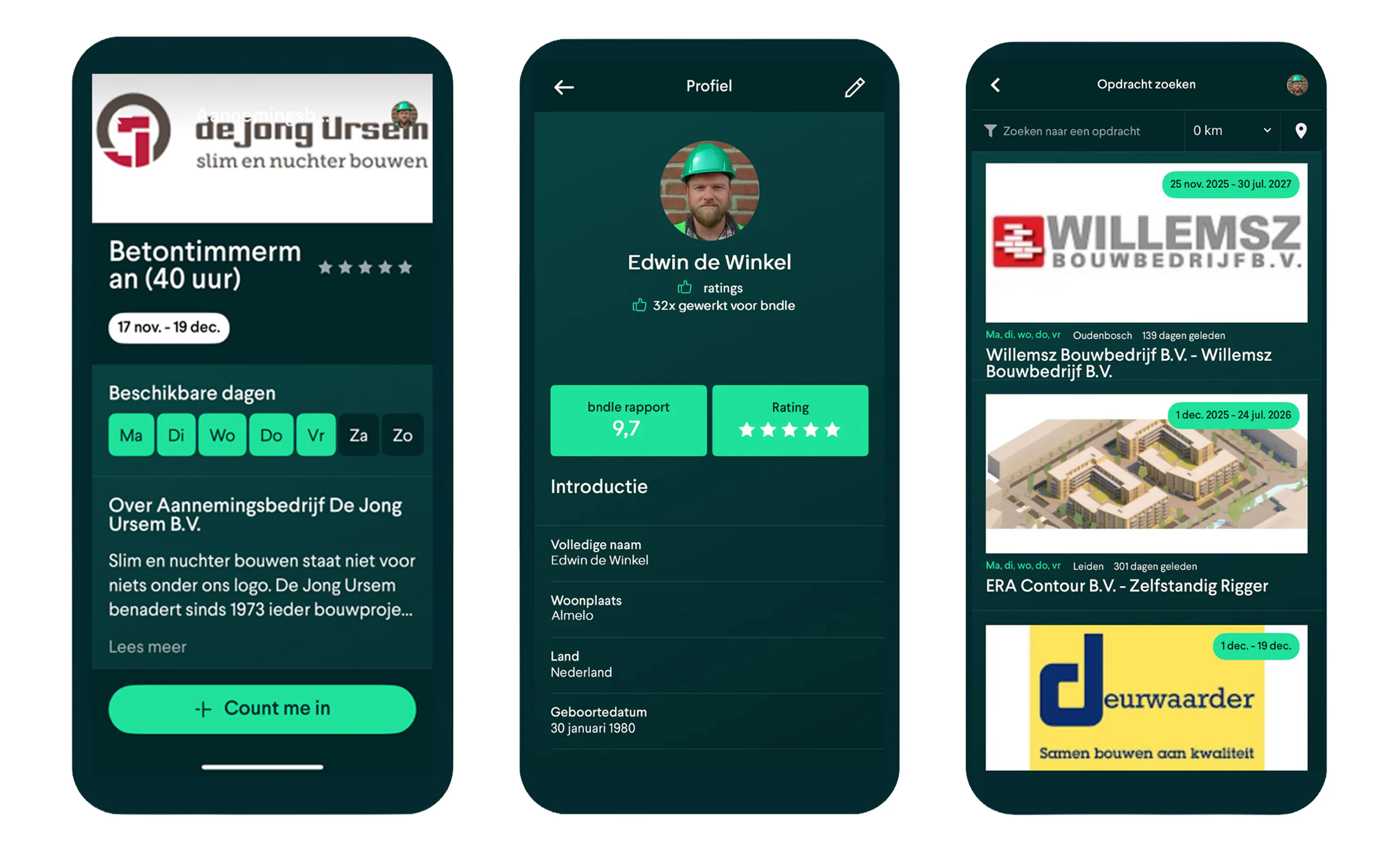 Screenshots van de app op een mobieltje.