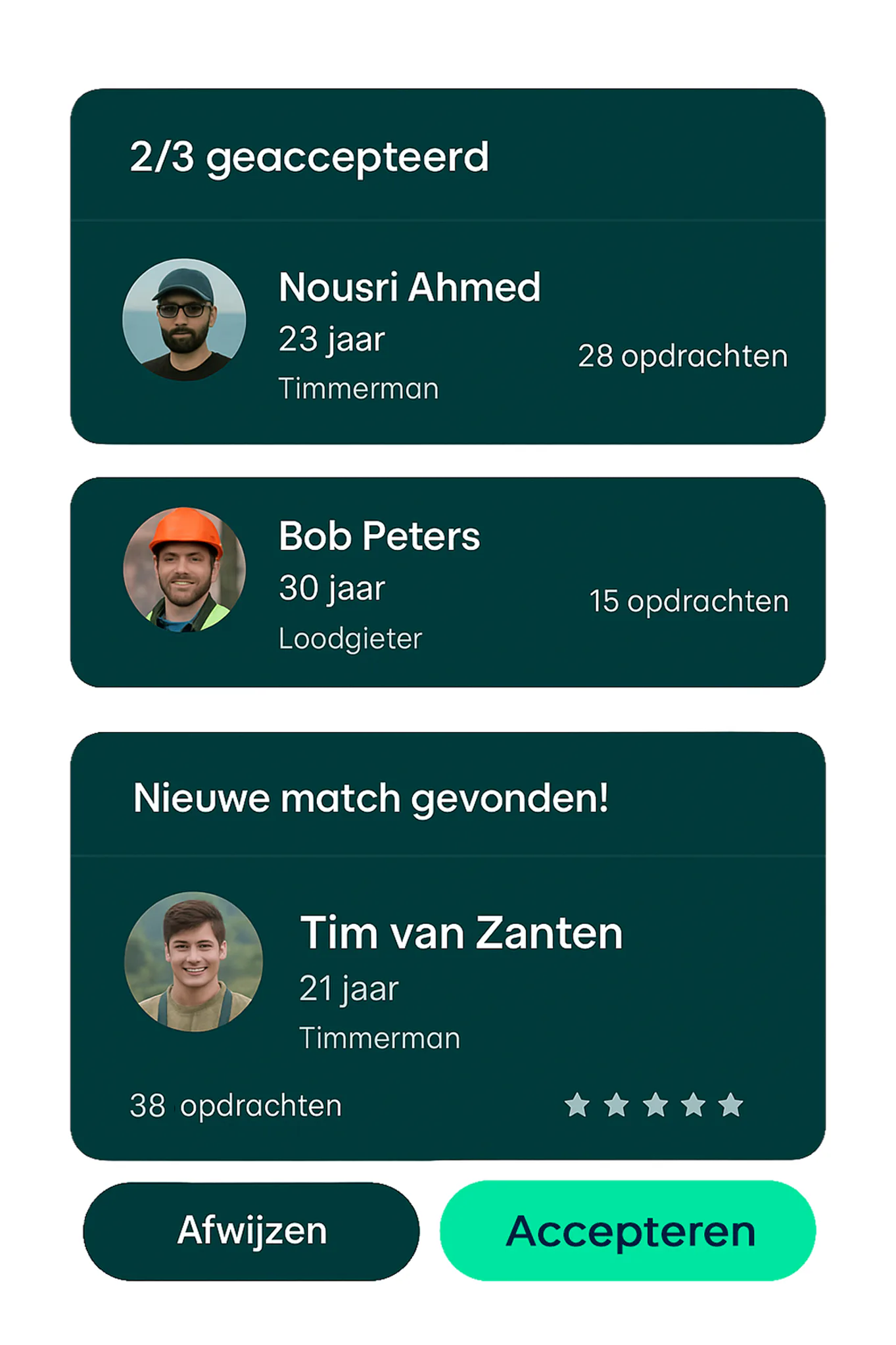 De opdrachtgever kiest in de app een vakman als er een match is.