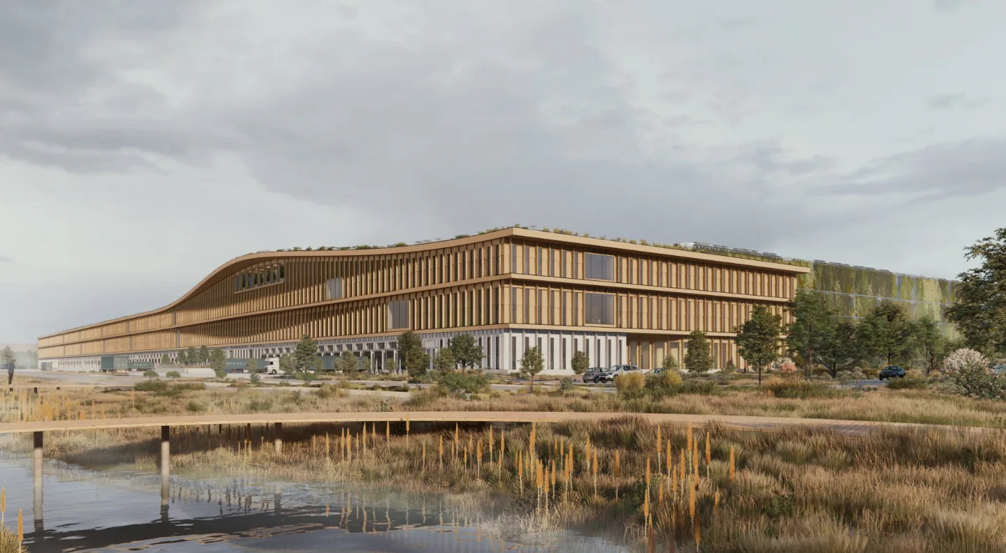 De impressie van Bestseller, een distributiecentrum met een massief houten draagconstructie. Afbeelding: Van de Ven