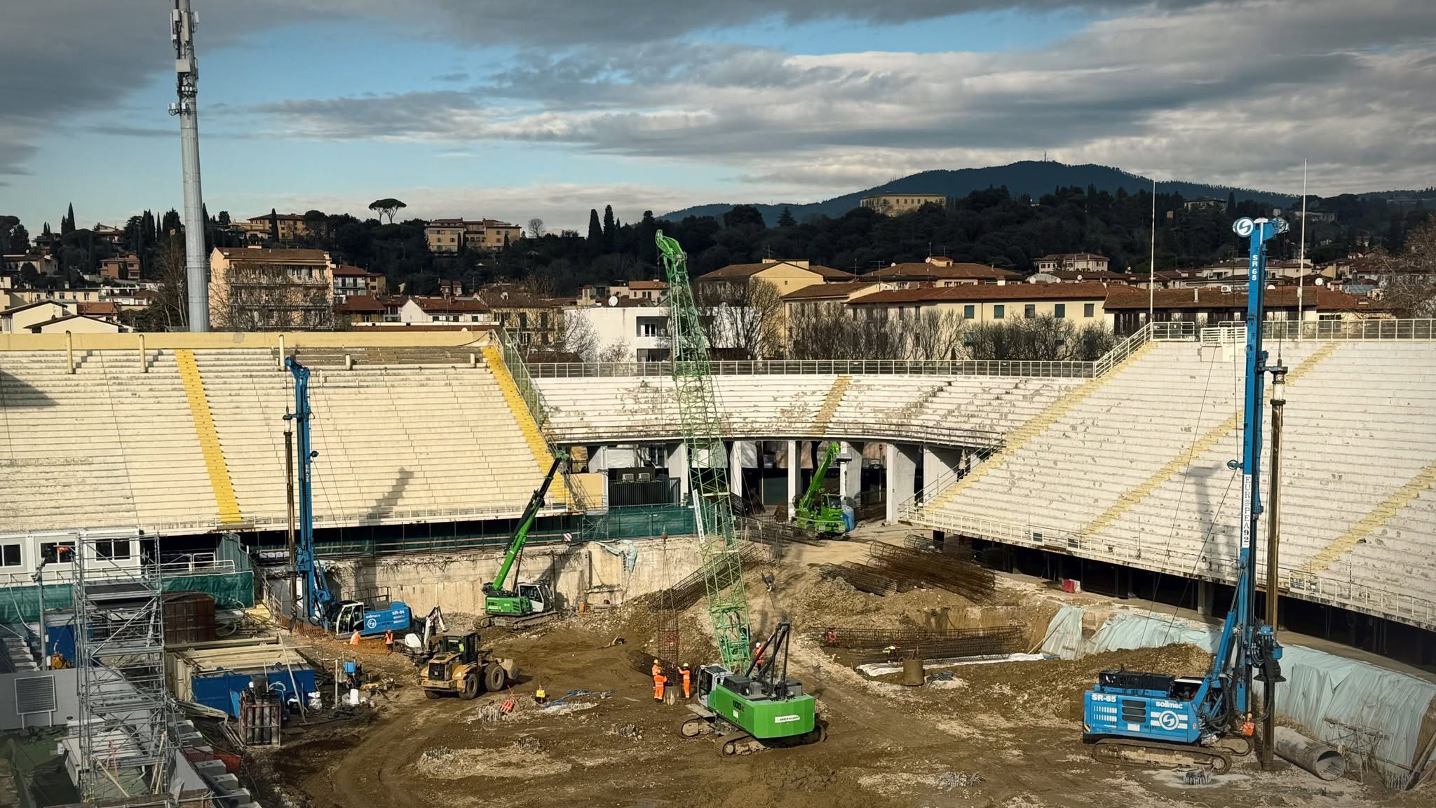 Funderingswerkzaamheden in 2025 voor de grootschalige renovatie van stadion Artemio Franchi in Florence. Foto: Soilmec