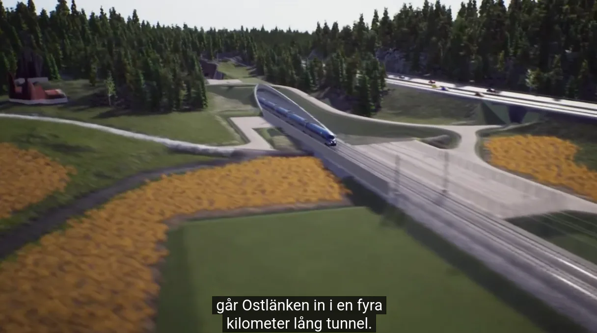 Fragment uit een animatievideo over het project Ostlänken. Treinen moeten daar straks onder een natuurgebied door. Beeld: Trafikverket/YouTube