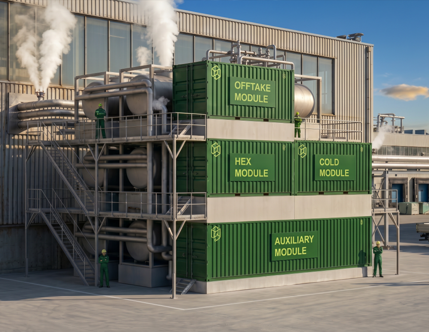 De installatie ziet er van buiten uit als een stapel containers. 