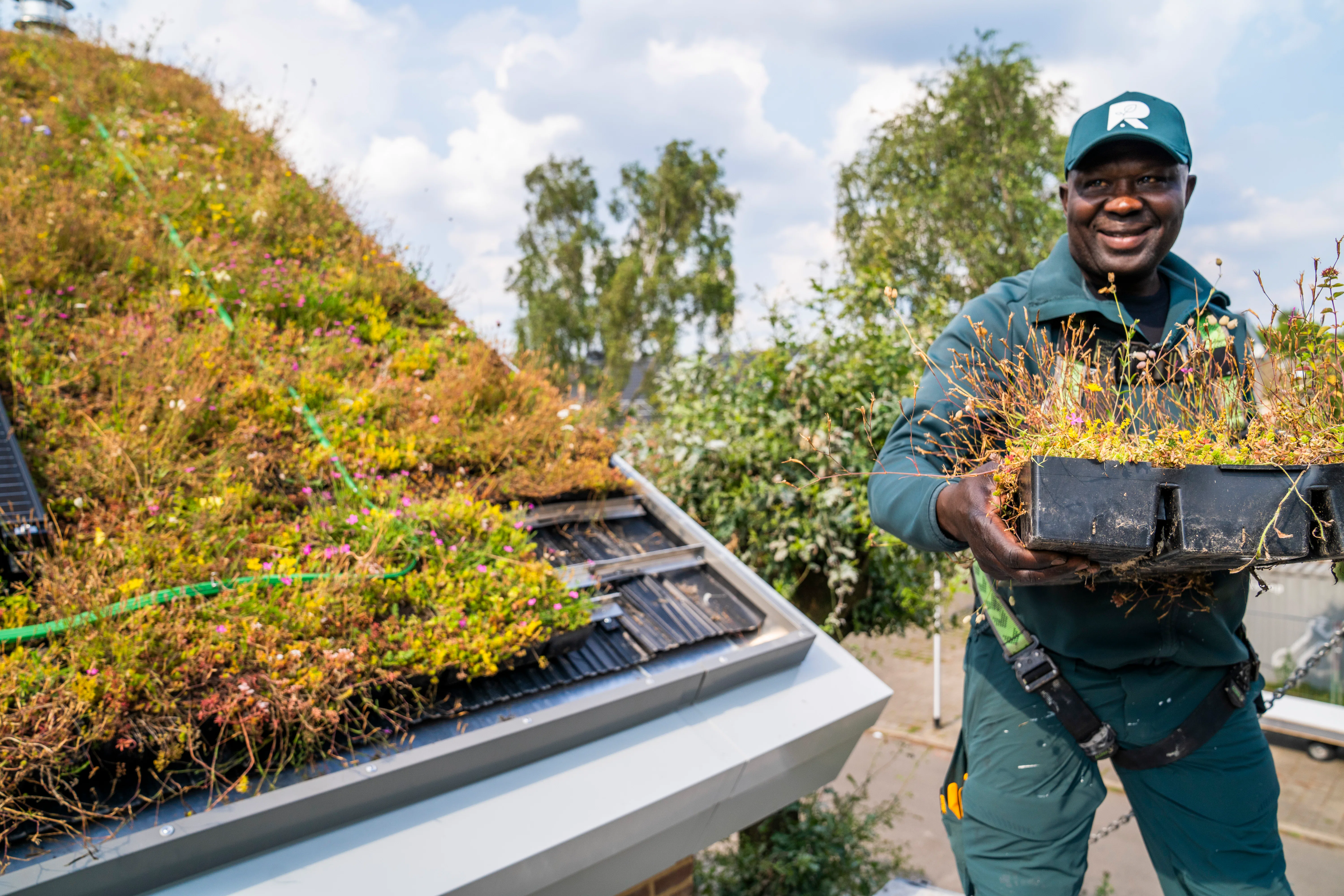 Het dak op het DreamHûs op The Green Village heeft zonnepanelen, maar er past ook een buitenunit van een warmtepomp in.